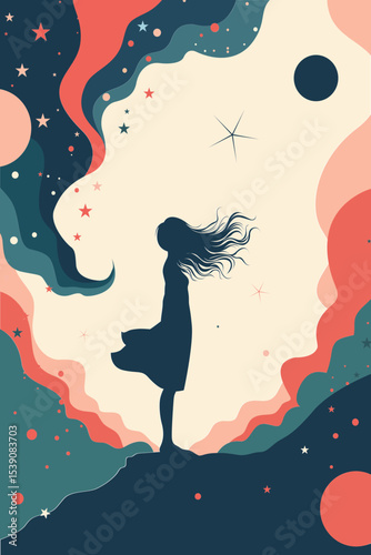 Girl, Childhood, Child, Inner Child, Starry Sky, Stars, Heaven, Hill, Road, Clouds, Earth, Fairy Tale, Cover, Story, Vector, Artwork