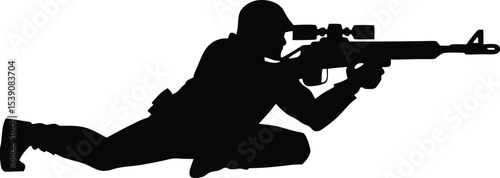 Silhouette of Sniper in Crawling Position Holding Rifle Ready to Fire