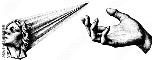 Shooting star and open hand tattoo design in dotwork style