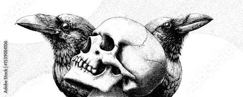 Skull and crow dotwork design with tattoo and blackwork styles for creative art