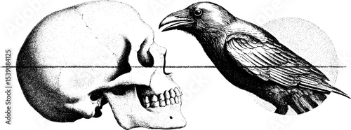 Skull and crow in dotwork tattoo art style for unique artistic inspiration