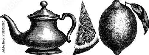Vintage engraving of sliced lemon and tea kettle for culinary design