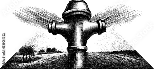Vintage engraving of sprinkler head with water spray in rural landscape