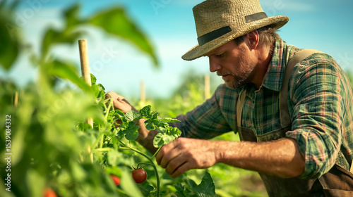 French farmer carefuly staking young tomato plants in vibrant field under clear sky