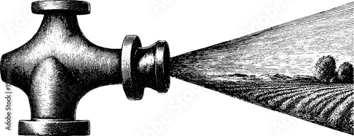 Vintage engraving of sprinkler head with water spray for agricultural design