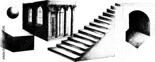 Optical illusion with isometric staircase and angled beam geometry