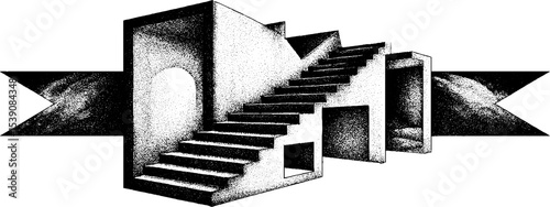 Abstract staircase illusion with angled line beam in isometric design