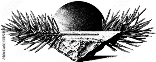 Abstract composition with stone slice, pine needles, and geometric design
