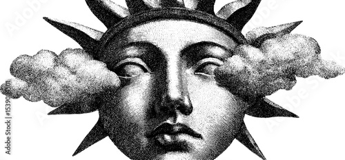 Surreal sun face with floating crown and clouds in collage style
