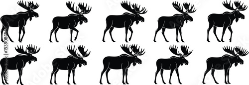  Majestic Moose Silhouettes Vector Set, North American Wildlife, Antlered Animal, Forest Dweller, Nature Illustration, Black and White, Isolated, Minimalist Design.