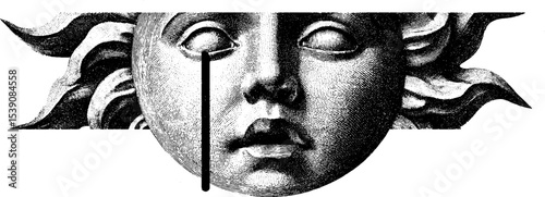 Surreal sun face with floating crown in collage art style