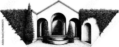 Ink sketch of sunken courtyard with ivy-covered wall for decorative design