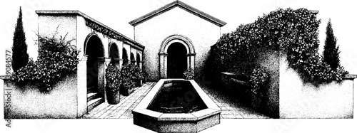 Tranquil sunken courtyard with ivy clad walls and arched walkway in ink style