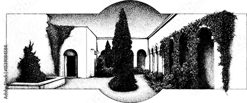 Ink sketch of sunken courtyard with ivy-covered walls