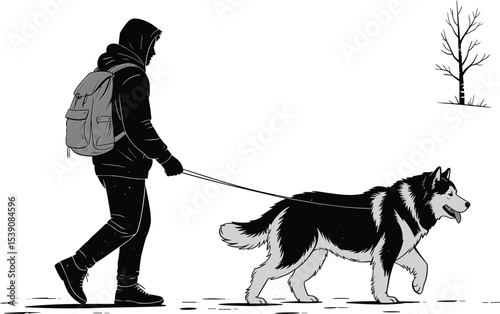 Man Walking Siberian Husky Dog Outdoors in Winter or Autumn Park, Black and White Illustration of Owner with Pet on Leash, Adventure and Companionship.