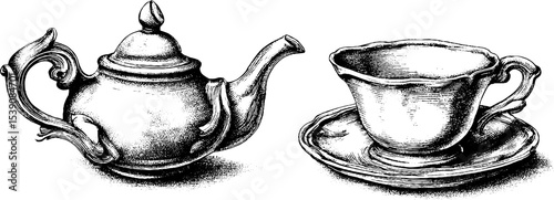 Intricate dotwork tattoo design of teapot and teacup on saucer for artistic inspiration