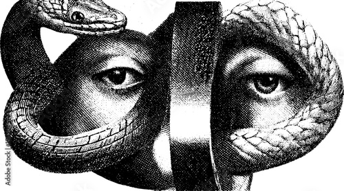 Surreal collage featuring third eye and serpent ring conceptual artwork