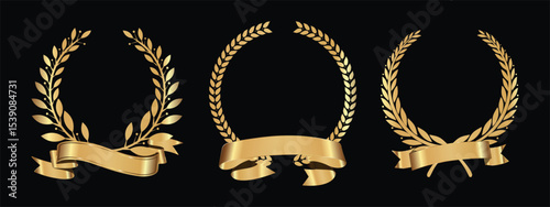 three golden laurel wreaths on a black background, each with a ribbon at the bottom.