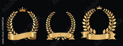 three golden laurel wreaths with decorative ribbons, which are symbols of victory, honor, fame and prestige.