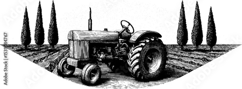 Vintage engraving of tractor and plowed field with trees