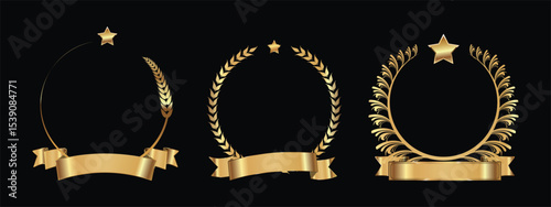 three golden laurel wreaths with decorative ribbons, which are symbols of victory, honor, fame and prestige.