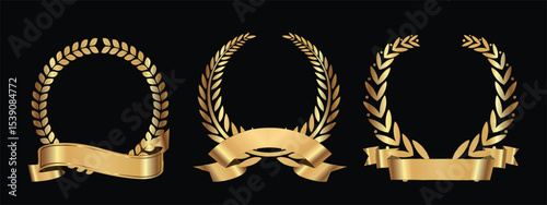 three golden laurel wreaths on a black background, each with a ribbon at the bottom.