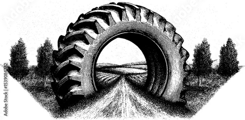 Vintage tractor tire on muddy track engraving style for rustic design