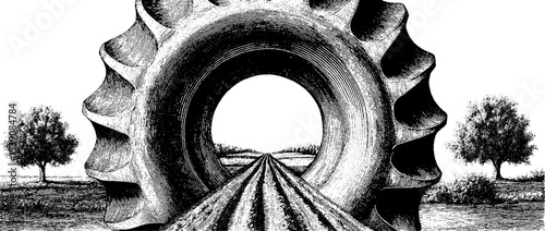 Vintage tractor tire and muddy track engraving with scenic landscape
