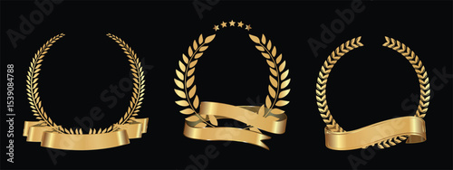 three golden laurel wreaths with decorative ribbons, which are symbols of victory, honor, fame and prestige.