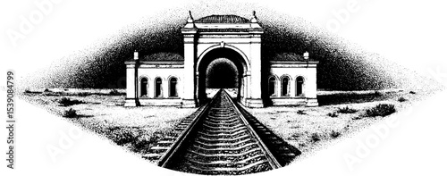 Dotwork tattoo style train and railway station design for artistic inspiration