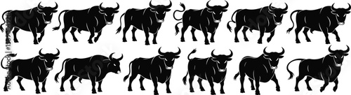 Powerful Ox Silhouette Vector Set, Strong Bull, Farm Animal, Cattle Livestock, Agricultural Design, Isolated Black Shapes, Rustic Farmhouse Element, Minimalist.