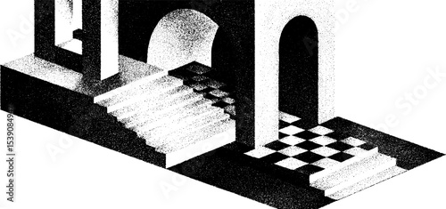 Surreal isometric architecture with warped plane and checker tile design