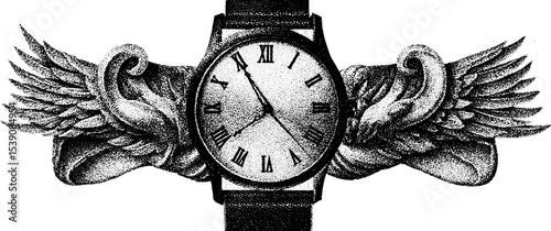 Dotwork tattoo style watch with leather strap and wings design for artistic inspiration