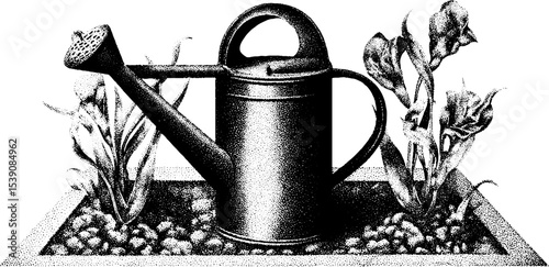 Dotwork tattoo style garden scene with watering can in garden bed design
