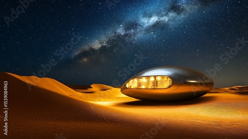 Futuristic desert landscape with spaceship under starry night sky science fiction travel adventure 
