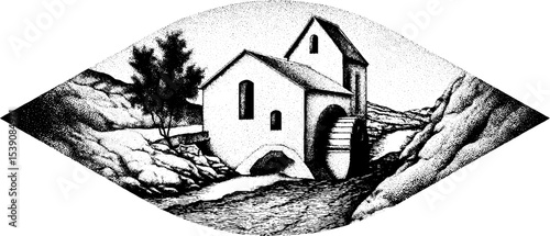 Watermill and river stream in dotwork tattoo style design for art and inspiration