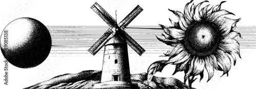 Dotwork tattoo art of windmill and sunflower field scene