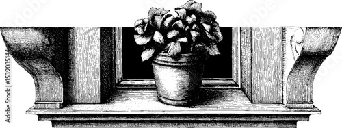 Ink sketch style of window sill with flower pot for home decor and art prints