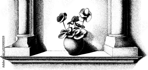 Ink sketch of a flower pot on a window sill with classical columns for art and decoration
