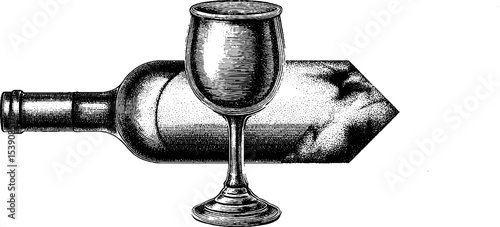 Wine bottle and glass in dotwork tattoo style art design