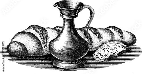 Vintage culinary elegance: wine decanter and fresh bread engraving