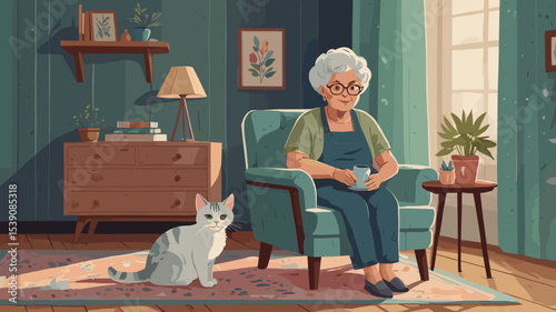 Elderly woman sitting in a chair with a cat in a cozy living room, relaxed atmosphere