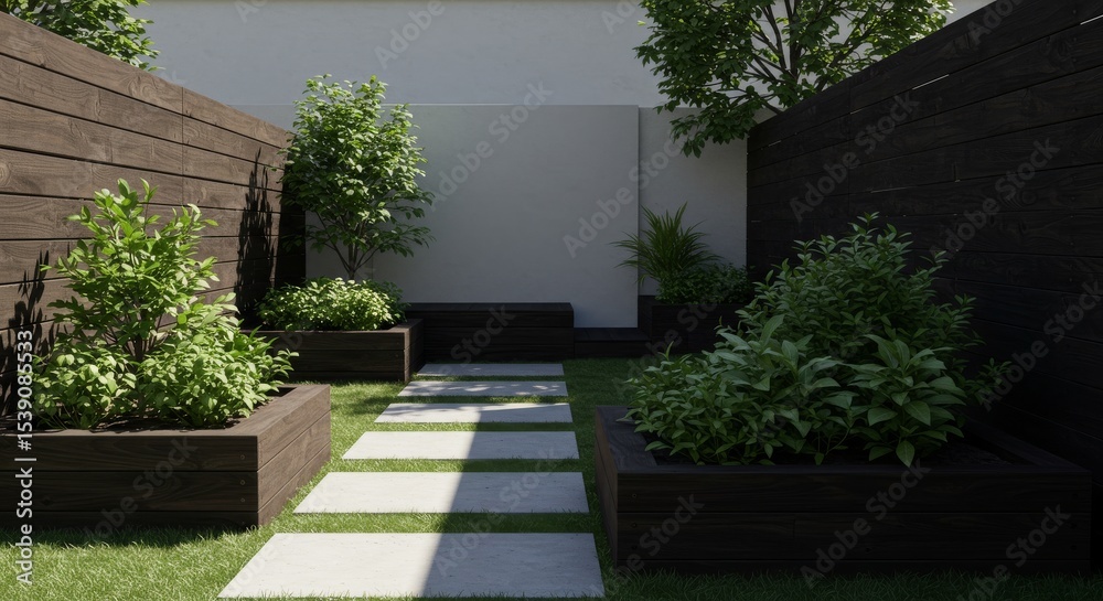 Obraz premium Modern garden with stone pathway and greenery in contemporary design 
