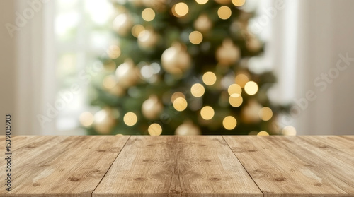 Empty woooden table top with abstract warm living room decor with christmas tree string light blur background with snow, Holiday backdrop, Mock up banner for display of advertise product