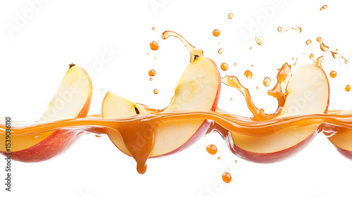Apple Slices Falling Caramel Sauce Splash Red Yellow