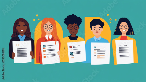 Inclusive hiring illustration with resumes from diverse backgrounds