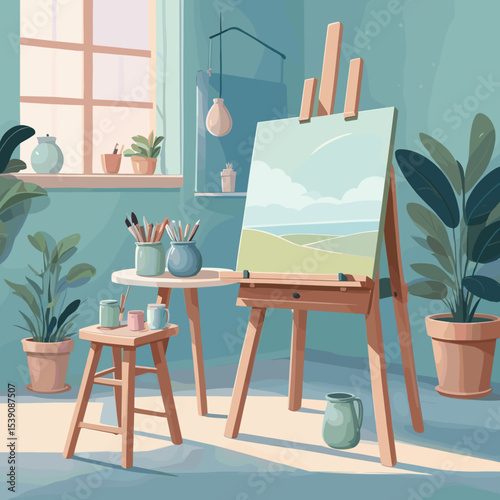 Artistic studio with an easel, paint supplies, and houseplants in a bright room, creative environment