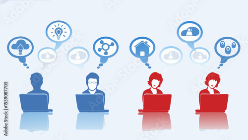 Illustration showing people using laptops with thought bubbles above their heads representing cloud concepts