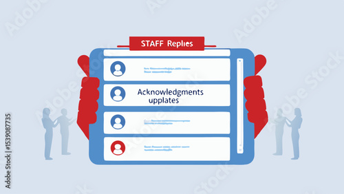 Staff replies displayed on a mobile device held by hands with people silhouettes in the background view
