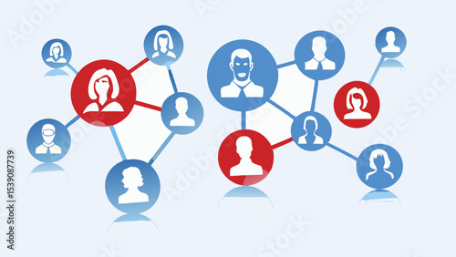 Illustration of a network of people connected by lines with blue and red circles containing profiles